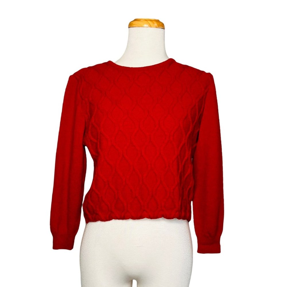 St. John Vintage Crop Waffle Knit Sweater Ribbed Cuffs, St. John Gold Metal Logo